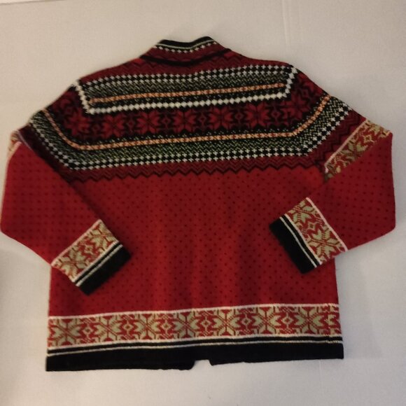 Skyr Red Wool Fair Isle Cardigan Sweater w/ Ornate Metal Clasps Women's Medium - Picture 14 of 15